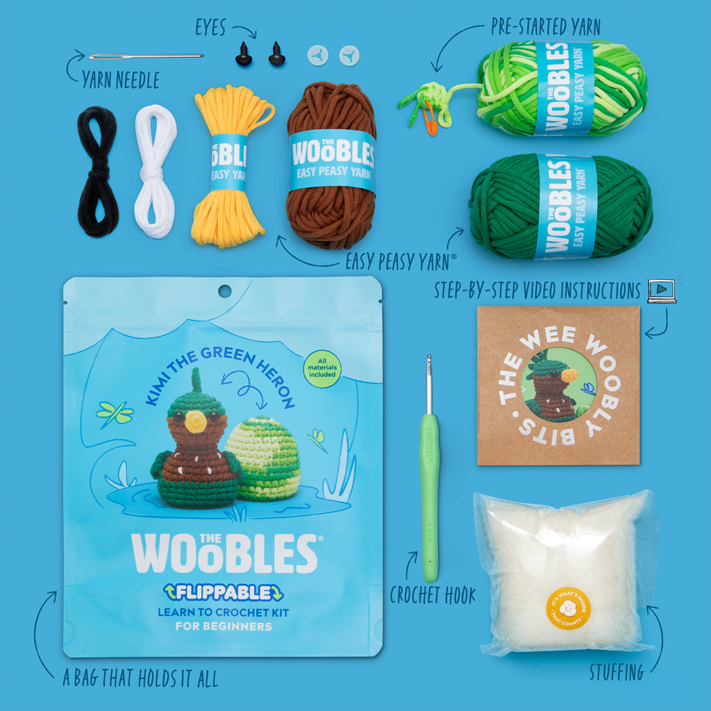 Kimi the Green Heron Crochet Kit - Woobles Kit Big Smile